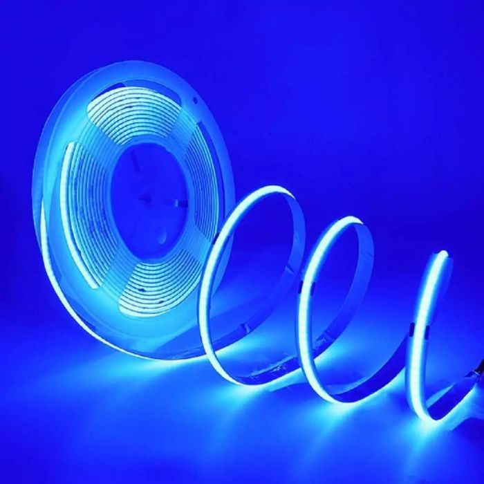 Blue LED strip light on a blue background